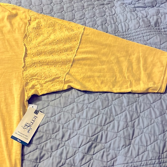 Terra & Sky Women’s Yellow Mixed Media V-Neck Eyelet Top Plus Size 4X (28W-30W) - Picture 10 of 14
